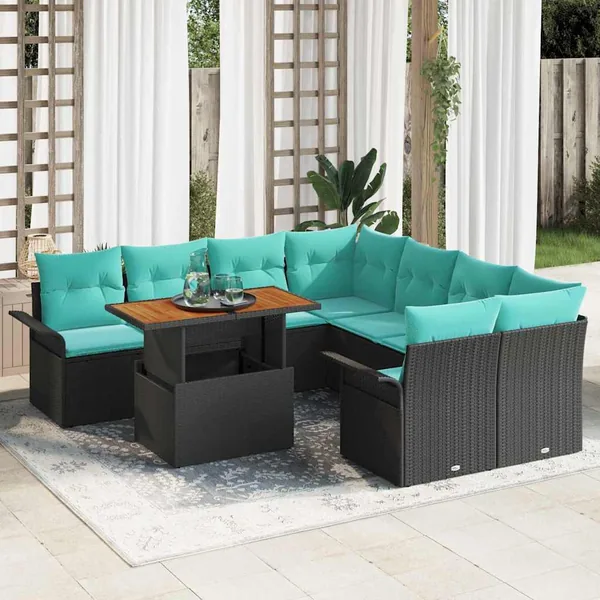 Ensemble de canapé de jardin 9 pcs Noir et Bleu polyrotin