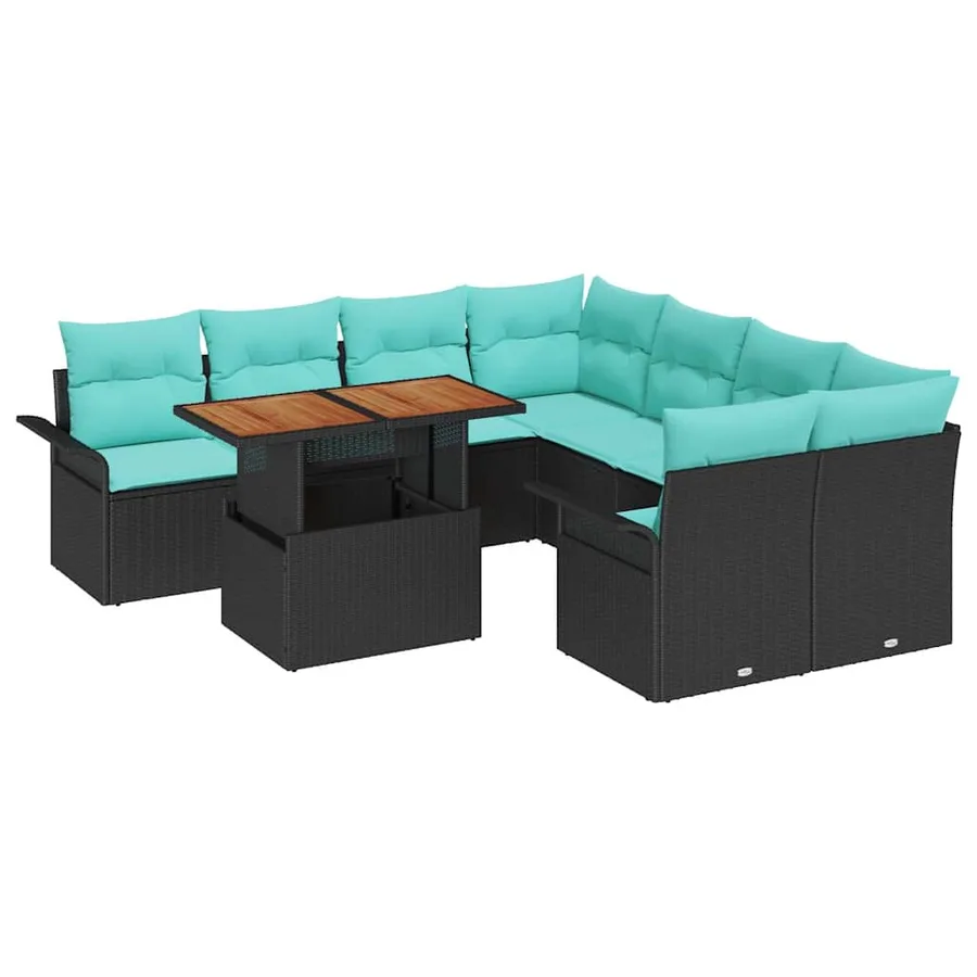 Ensemble de canapé de jardin 9 pcs Noir et Bleu polyrotin - 2