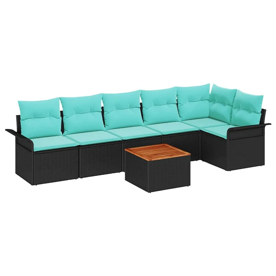 Ensemble de canapé de jardin 7 pcs Noir et turquoise polyrotin - 2