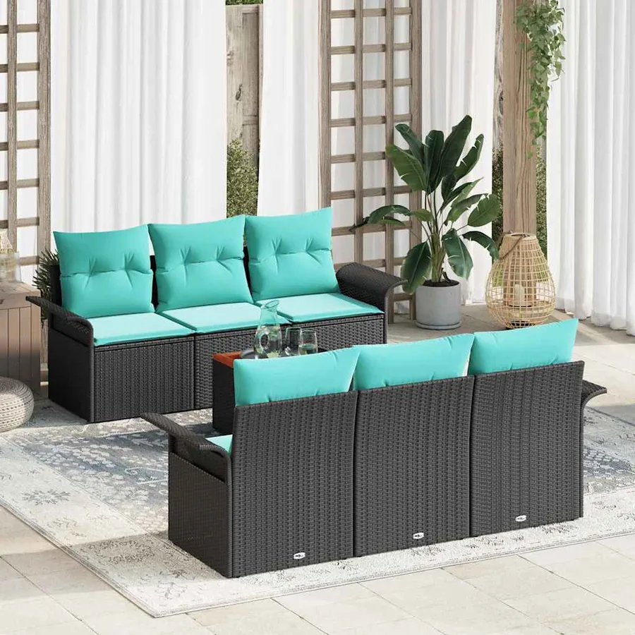 Ensemble de canapé de jardin 7 pcs Noir et turquoise polyrotin