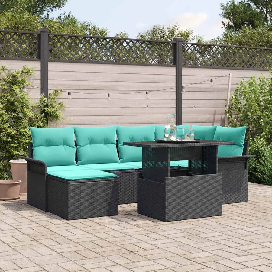 Ensemble de canapé de jardin 7 pcs Noir Poly Rattan