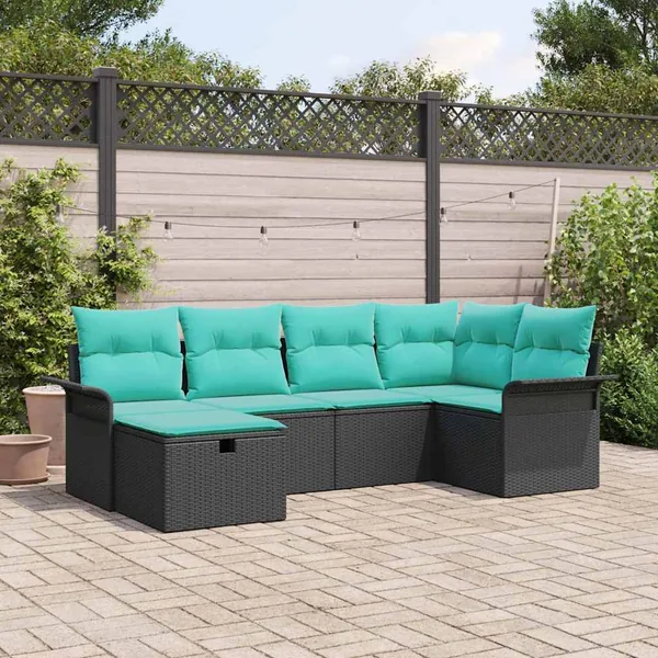 Ensemble de canapé de jardin 6 pcs Noir et turquoise polyrotin