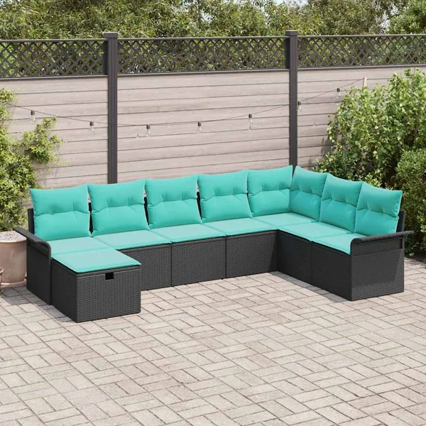 Ensemble de canapé de jardin 8 pcs Noir et turquoise polyrotin