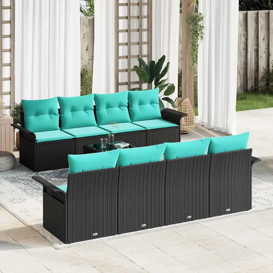 Ensemble de canapé de jardin 9 pcs Noir et turquoise polyrotin