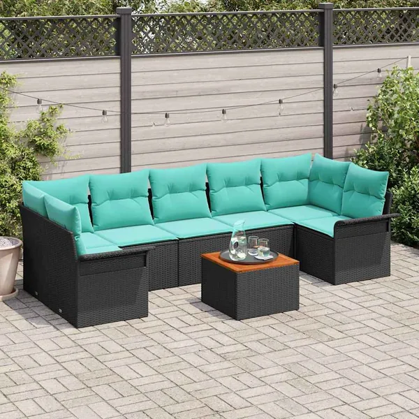 Ensemble de canapé de jardin 8 pcs Noir et turquoise polyrotin