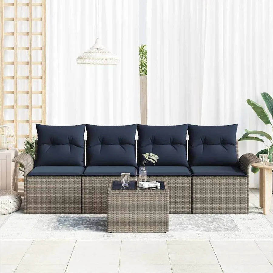 Ensemble de canapé de jardin 5 pcs Gris et marine polyrotin - 3