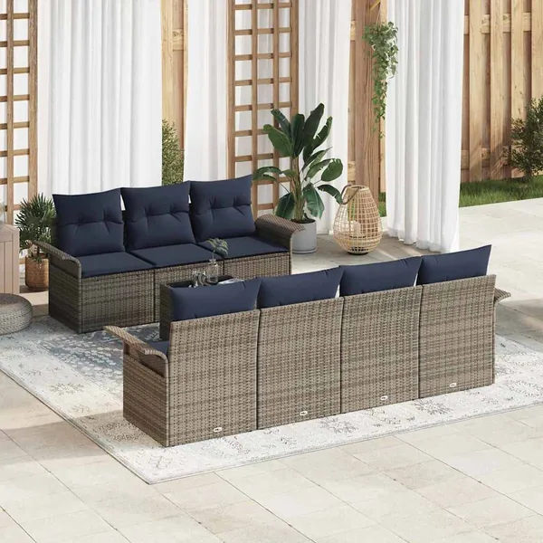 Ensemble de canapé de jardin 8 pcs Gris et marine polyrotin