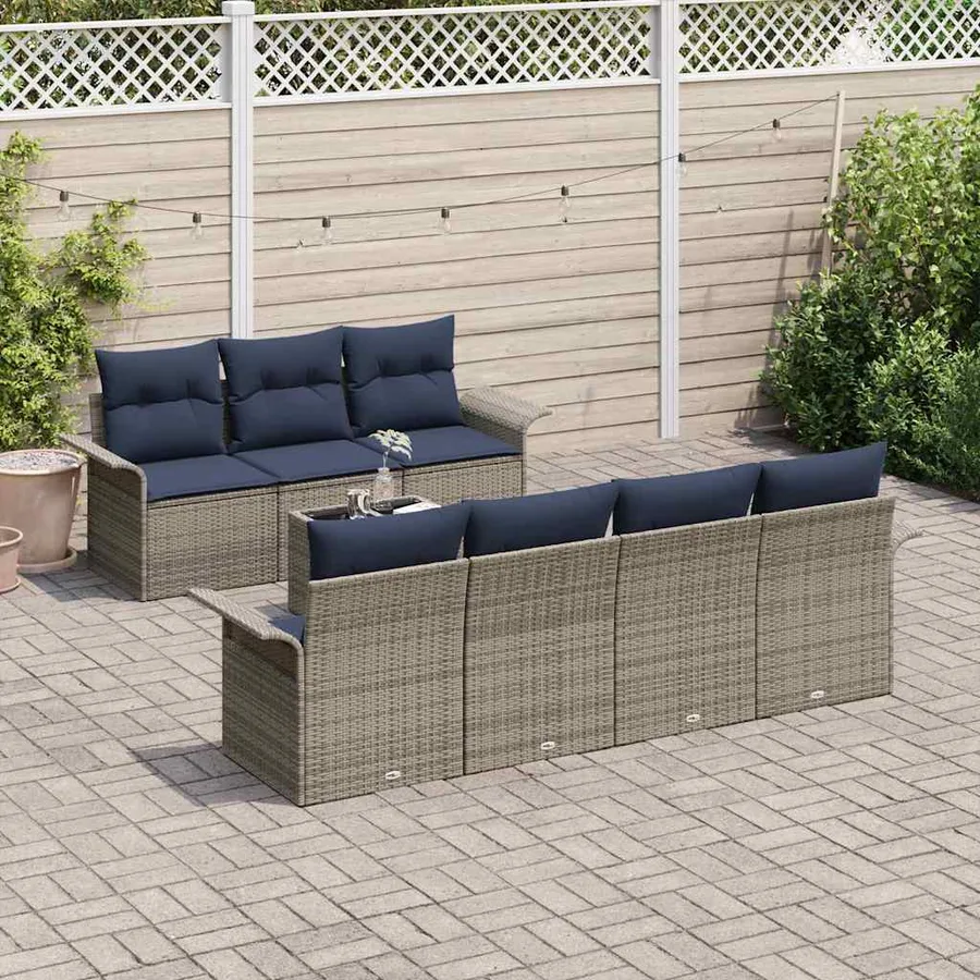 Ensemble de canapé de jardin 8 pcs Gris et marine polyrotin - 3