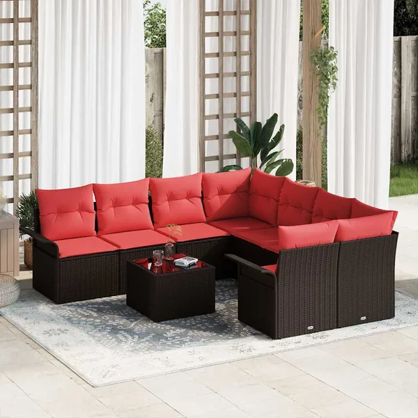 Ensemble de canapé de jardin 9 pcs Beige et Rouge polyrotin
