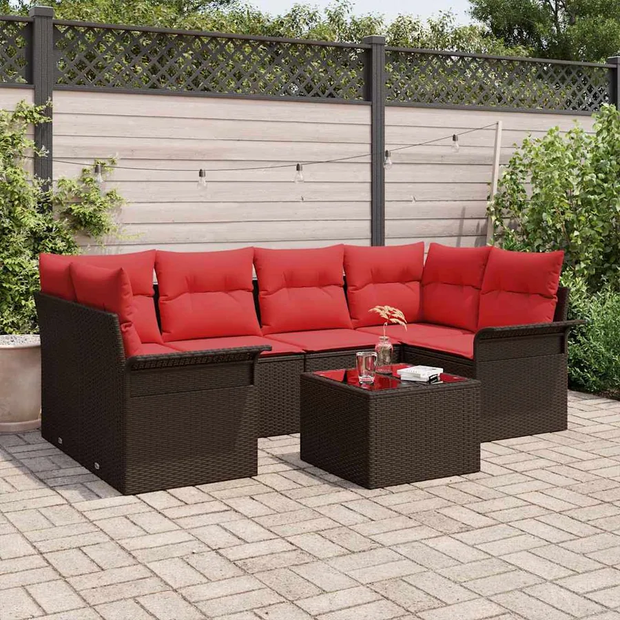 Ensemble de canapé de jardin 7 pcs Beige et Rouge polyrotin