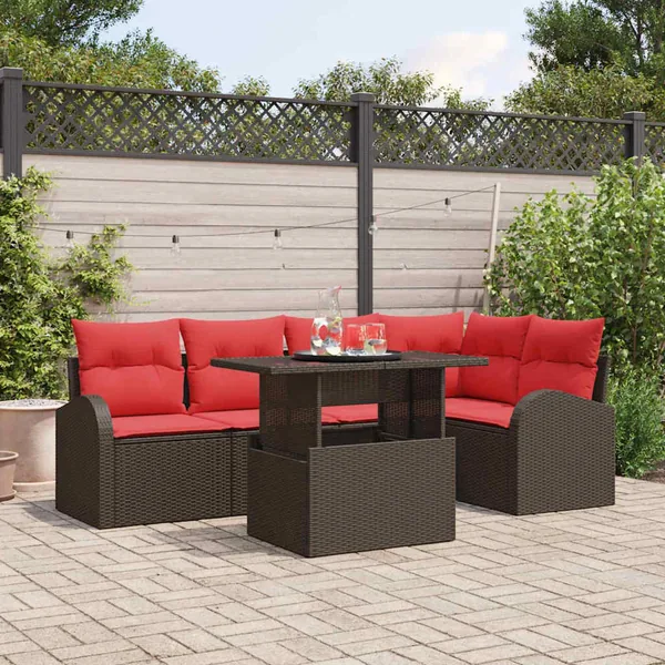 Ensemble de canapé de jardin 6 pcs Marron et rouge polyrotin