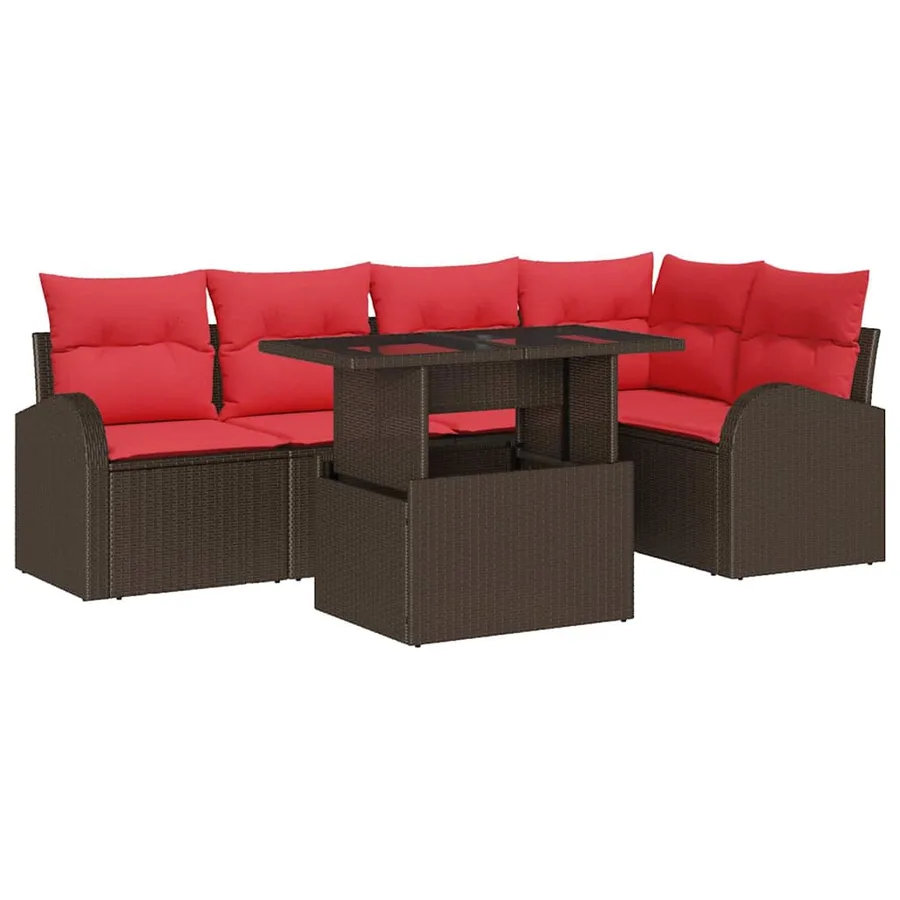 Ensemble de canapé de jardin 6 pcs Marron et rouge polyrotin - 2