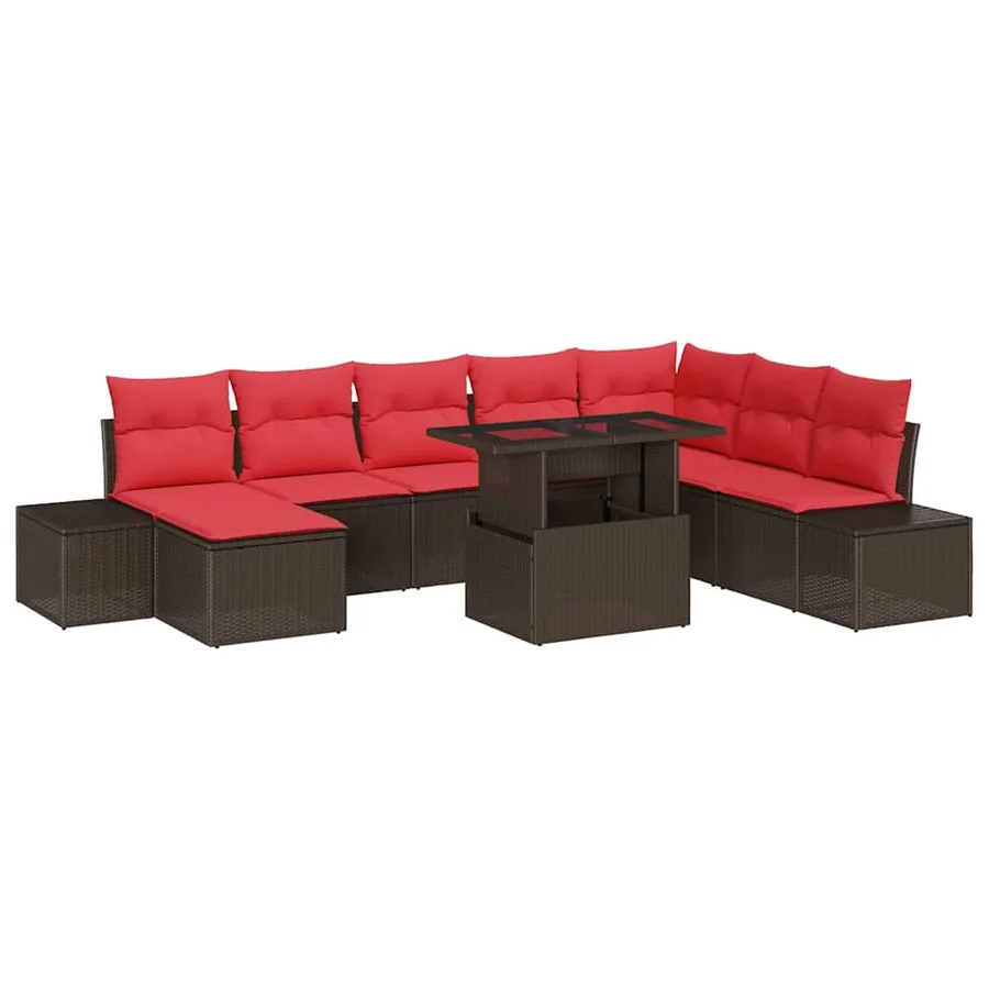 Ensemble de canapé de jardin 9 pcs Marron et rouge polyrotin - 2