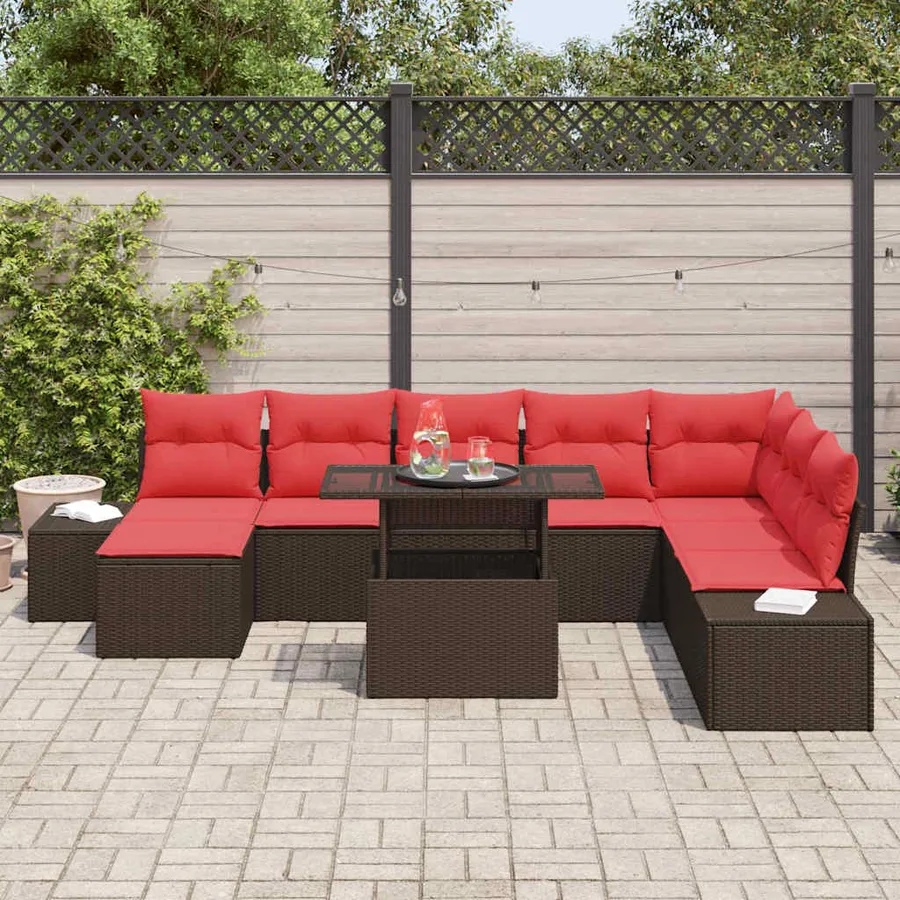 Ensemble de canapé de jardin 9 pcs Marron et rouge polyrotin - 3