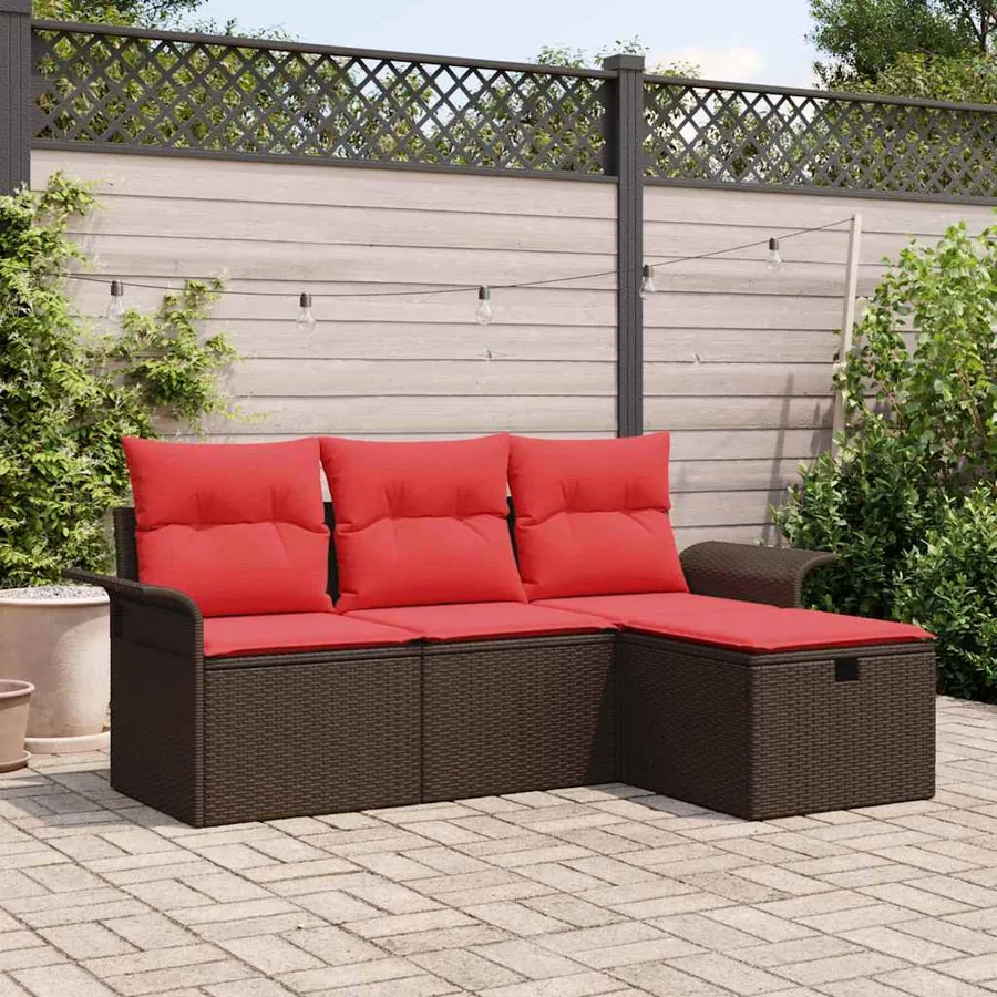 Ensemble de canapé de jardin 4 pcs Marron et rouge polyrotin