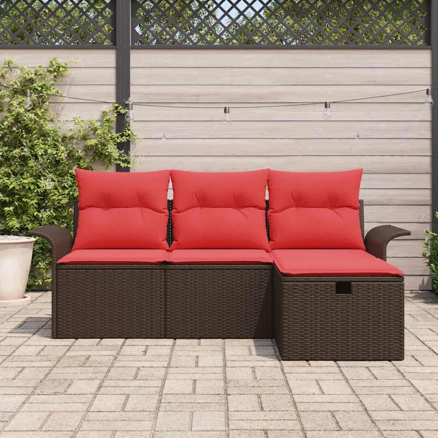 Ensemble de canapé de jardin 4 pcs Marron et rouge polyrotin - 3