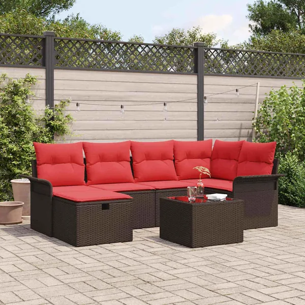 Ensemble de canapé de jardin 7 pcs Marron et rouge polyrotin