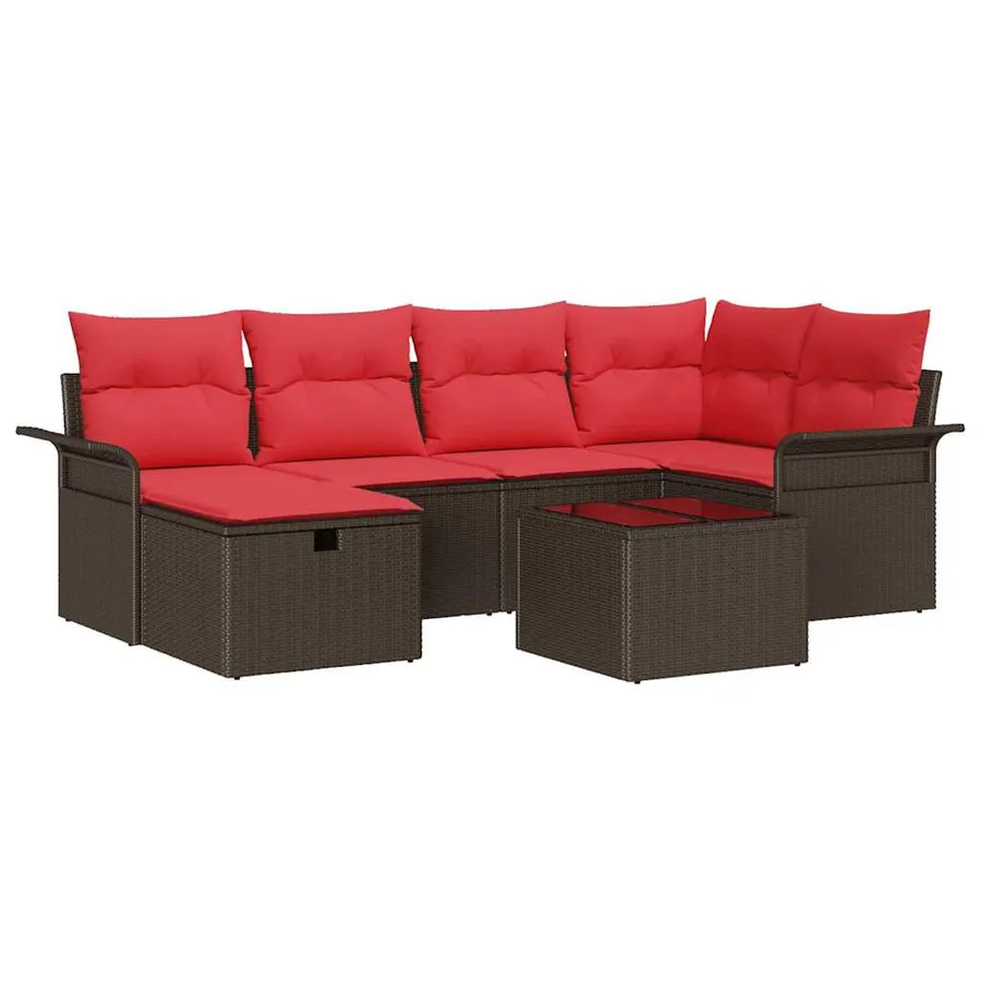 Ensemble de canapé de jardin 7 pcs Marron et rouge polyrotin - 2