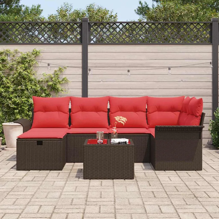 Ensemble de canapé de jardin 7 pcs Marron et rouge polyrotin - 3