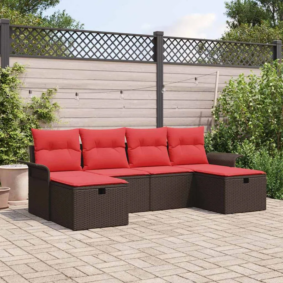 Ensemble de canapé de jardin 6 pcs Marron et rouge polyrotin