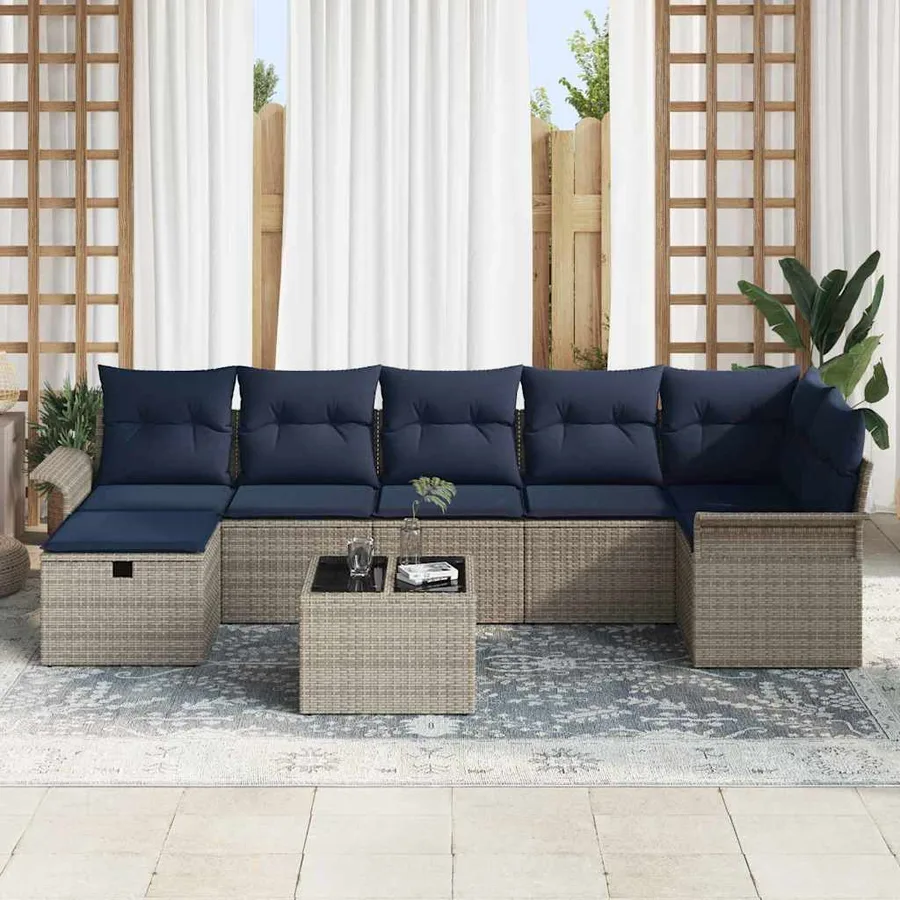 Ensemble de canapé de jardin 8 pcs Gris et marine polyrotin - 3