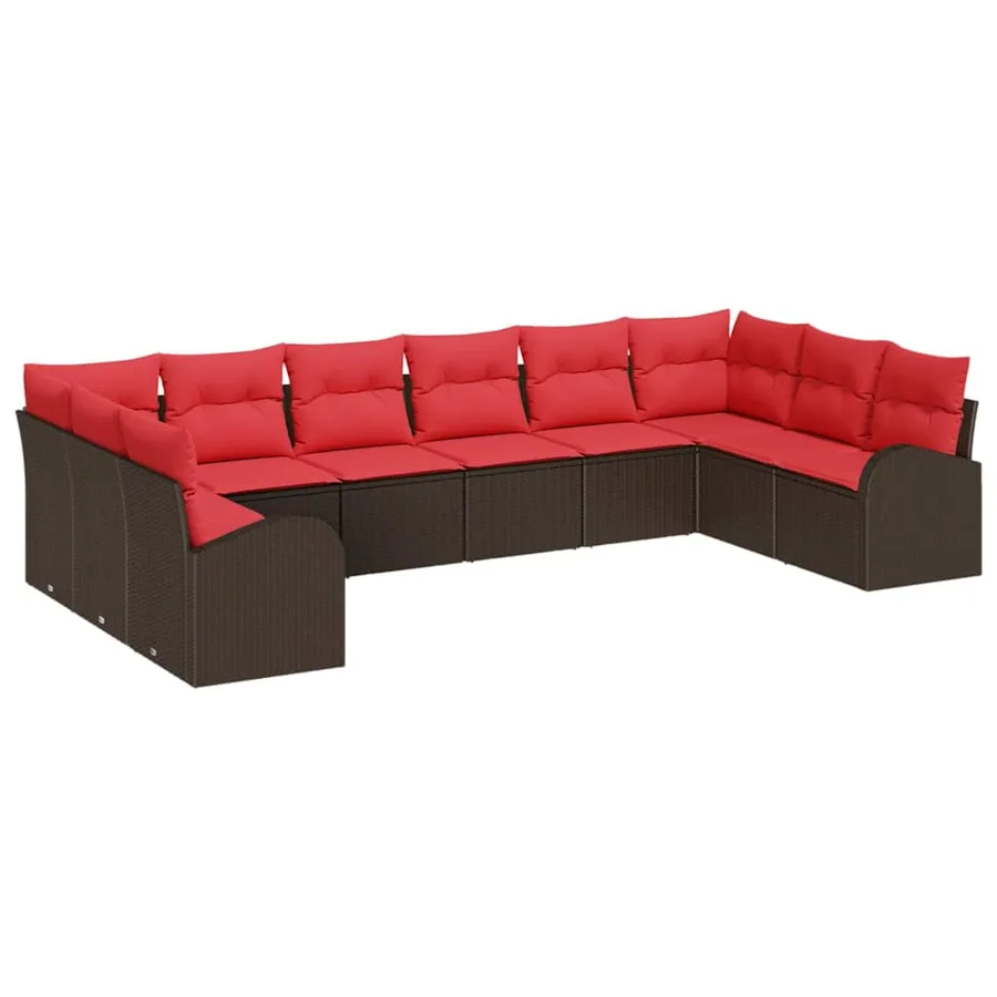 Ensemble de canapé de jardin 10 pcs Marron et rouge polyrotin - 2