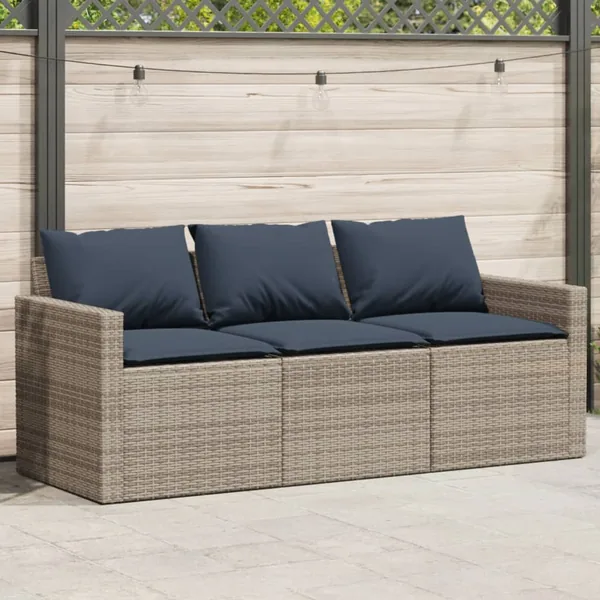 Canapé de jardin avec coussins 3 places gris résine tressée