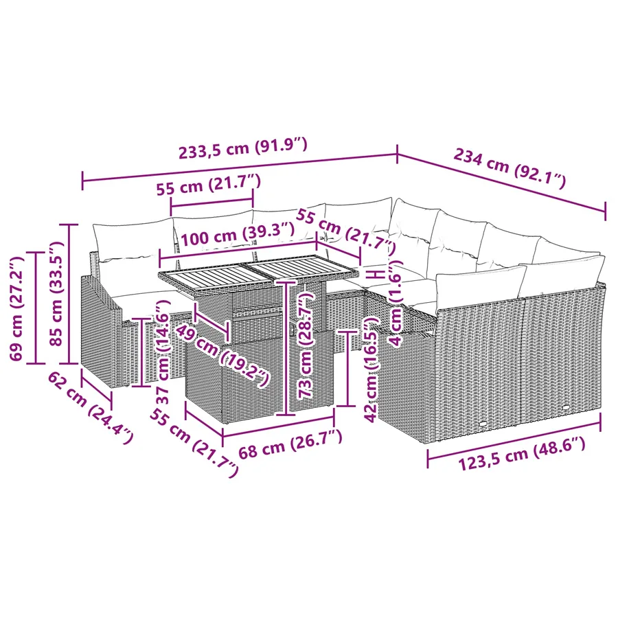 Ensemble de canapé de jardin 9 pc 8-Nombre de places - 11