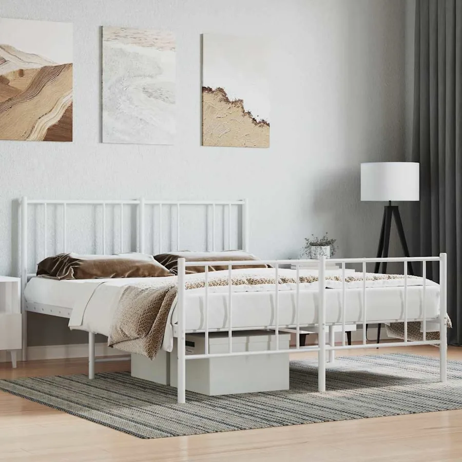 Cadre de lit métal sans matelas et pied de lit blanc 160x200 cm