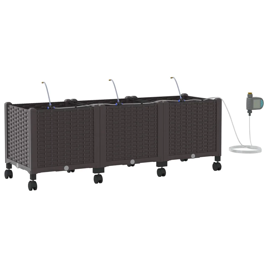 Porte-plante de jardin avec irrigation et roues 3 pc Marron PP - 2