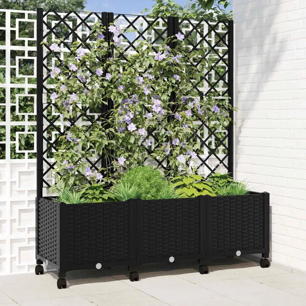 Bac de jardin avec treillis et roues Noir 120 x 40 x 146 cm PP