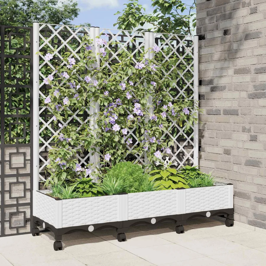 Bac de jardin avec treillis et roues Blanc 120 x 40 x 131,5 cm