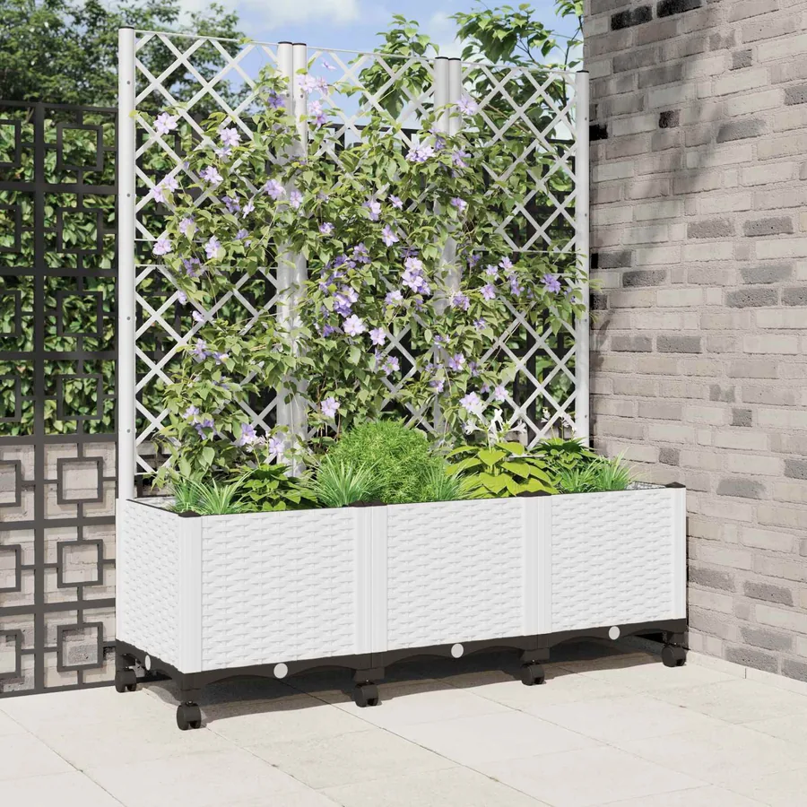 Bac de jardin avec treillis et roues Blanc 120 x 40 x 146 cm PP