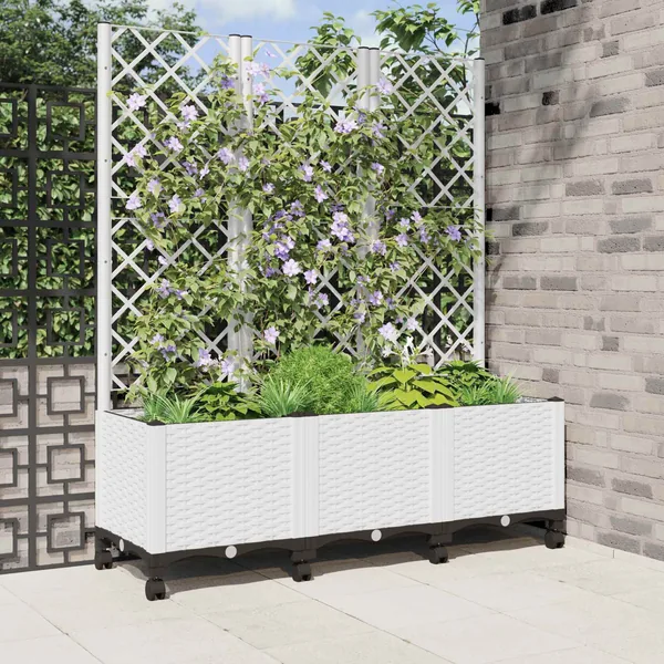 Bac de jardin avec treillis et roues Blanc 120 x 40 x 146 cm PP
