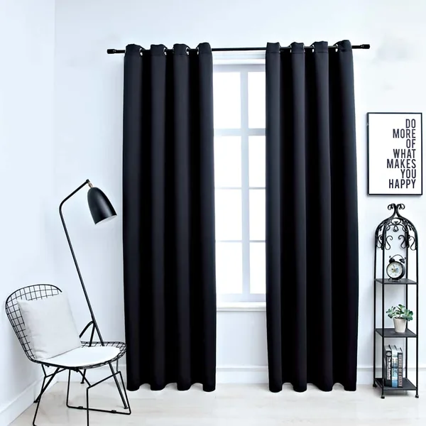 Rideaux occultants avec anneaux en métal 2 pcs Noir 140x175 cm