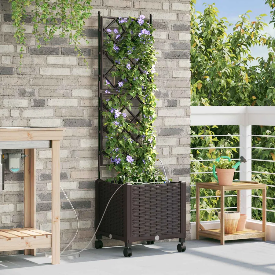 Porte-plante de jardin avec irrigation et roues Marron PP