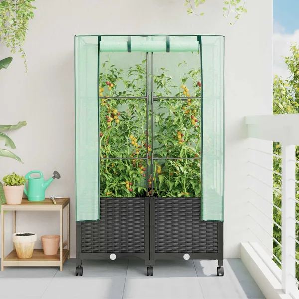 Jardinière de jardin avec couverture de serre et roues 2 pc PP