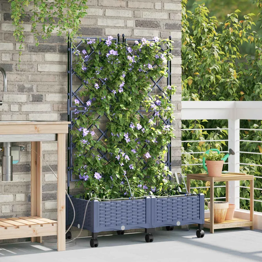 Porte-plante de jardin avec irrigation et roues 2 pc Gris PP