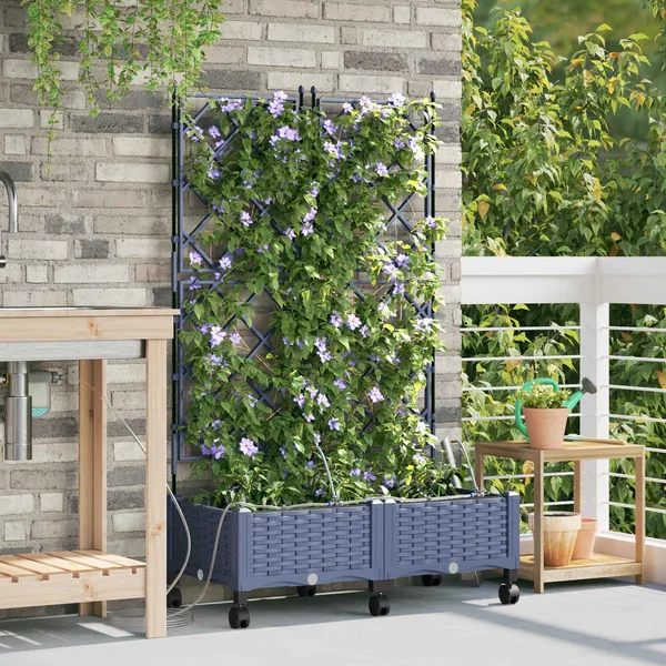 Porte-plante de jardin avec irrigation et roues 2 pc Gris PP