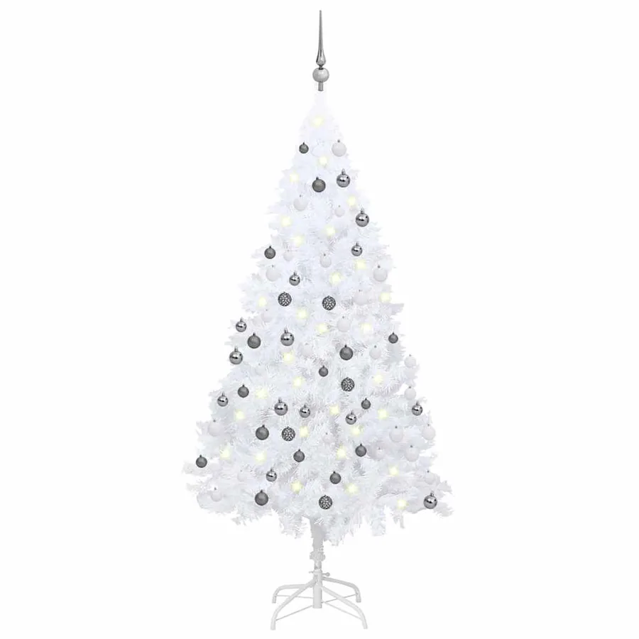 Arbre de Noël artificiel pré-éclairé et boules blanc 150 cm PVC