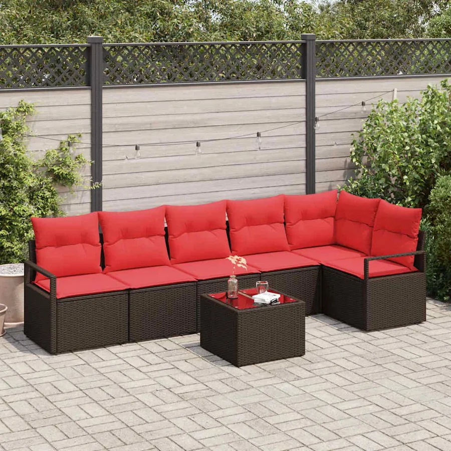 Ensemble de canapé de jardin 7 pcs Marron et rouge polyrotin