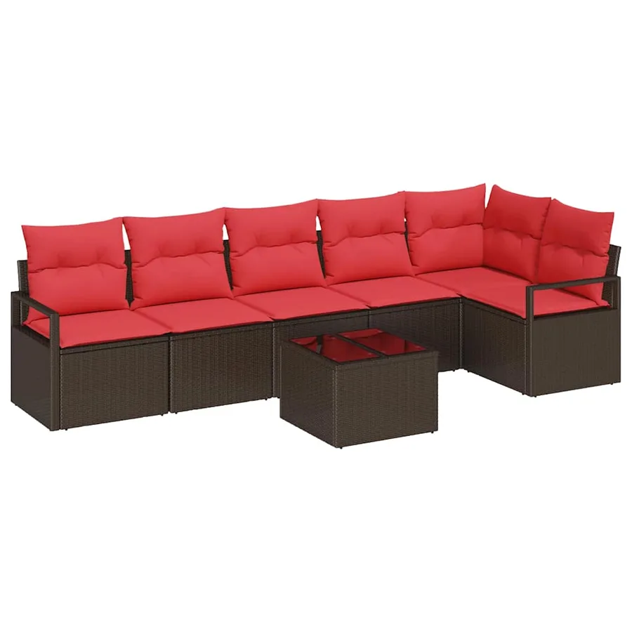 Ensemble de canapé de jardin 7 pcs Marron et rouge polyrotin - 2