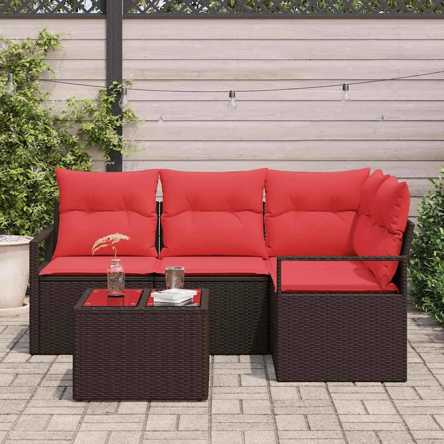 Ensemble de canapé de jardin 5 pcs Marron et rouge polyrotin - 3