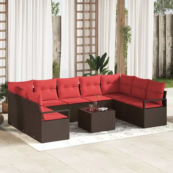 Ensemble de canapé de jardin 10 pcs Marron et rouge polyrotin