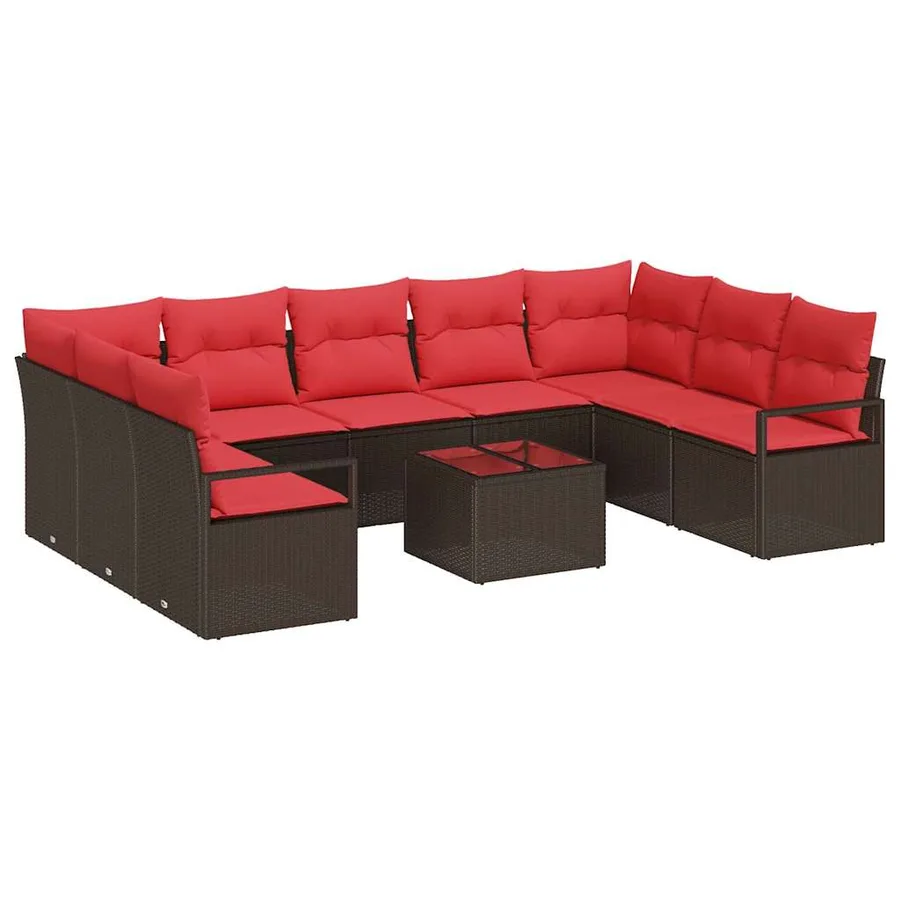 Ensemble de canapé de jardin 10 pcs Marron et rouge polyrotin - 2