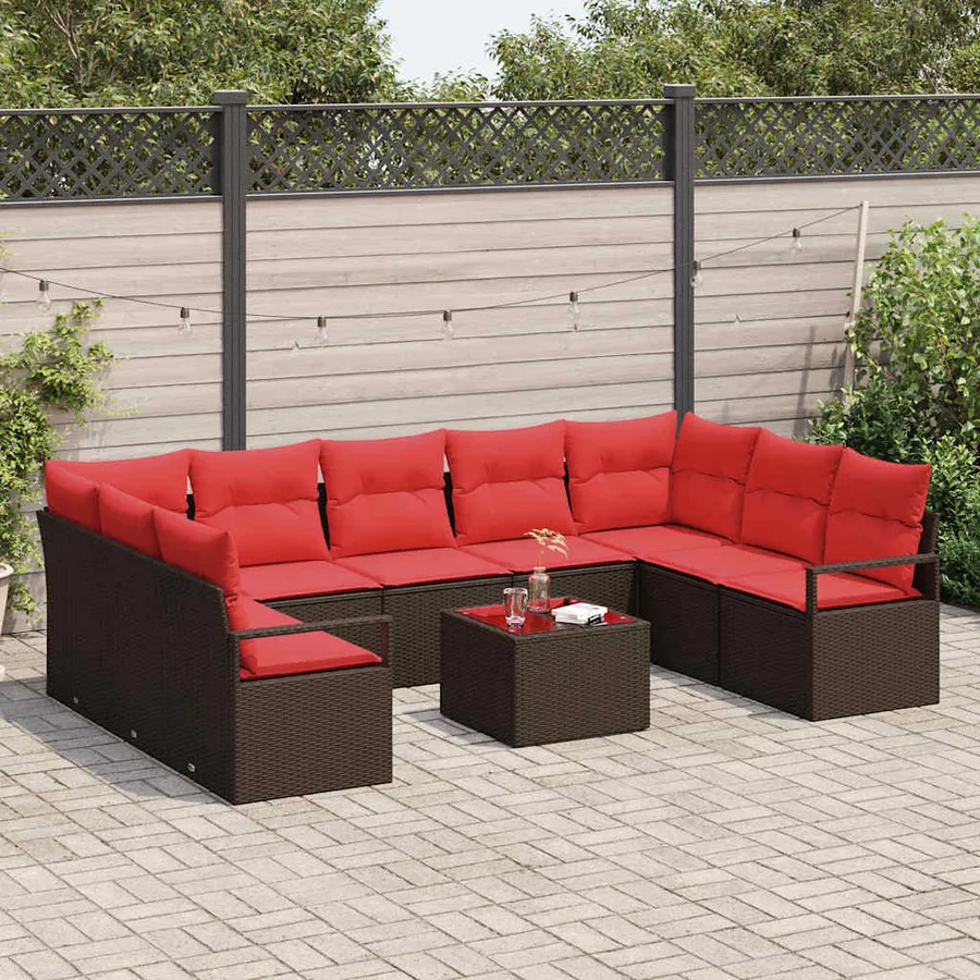 Ensemble de canapé de jardin 10 pcs Marron et rouge polyrotin - 3