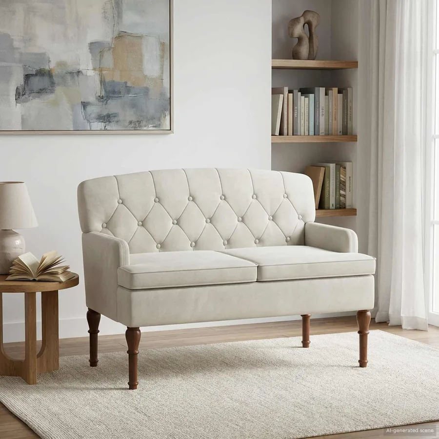 Canapé love seat avec capitonnage en boutons Crème Velours
