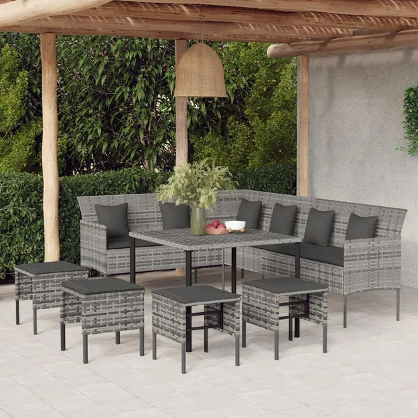 Ensemble à manger jardin 6pcs et coussins gris résine tressée