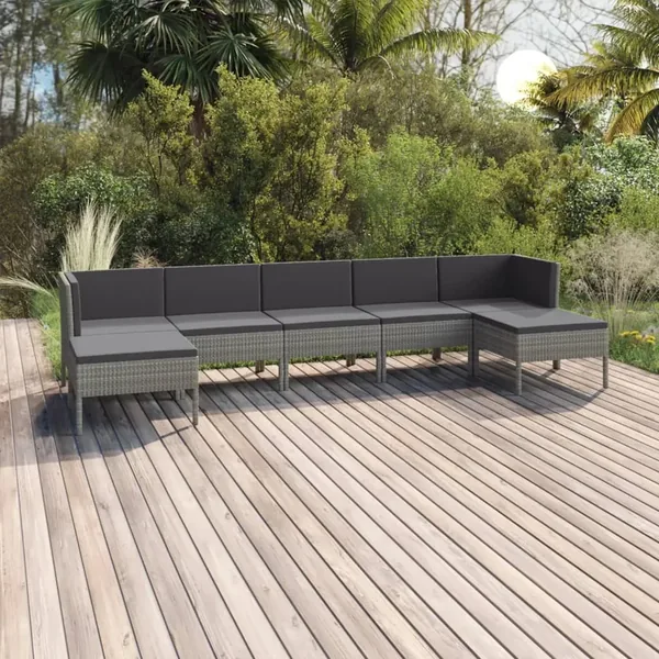 Salon de jardin 7 pcs avec coussins résine tressée gris