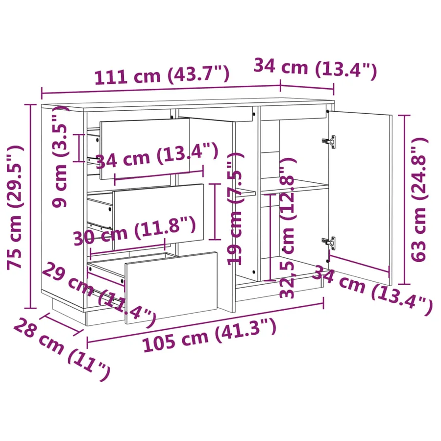 Buffet 111x34x75 cm Bois massif de pin - 9